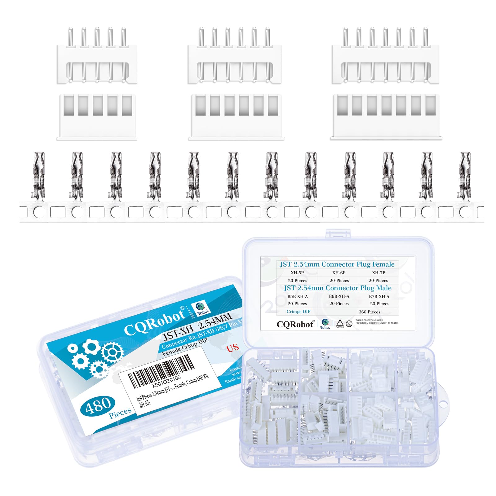 CQRobot JST XH 2.54 mm Pitch 5-Pin/6-Pin/7-Pin Electronic Connector IC Male Plugs, Female Sockets Housing and T-Shaped Crimp Terminal Kit. 60 Sets/480 Pieces Wire-to-Board Adapter Cable Assembly.
