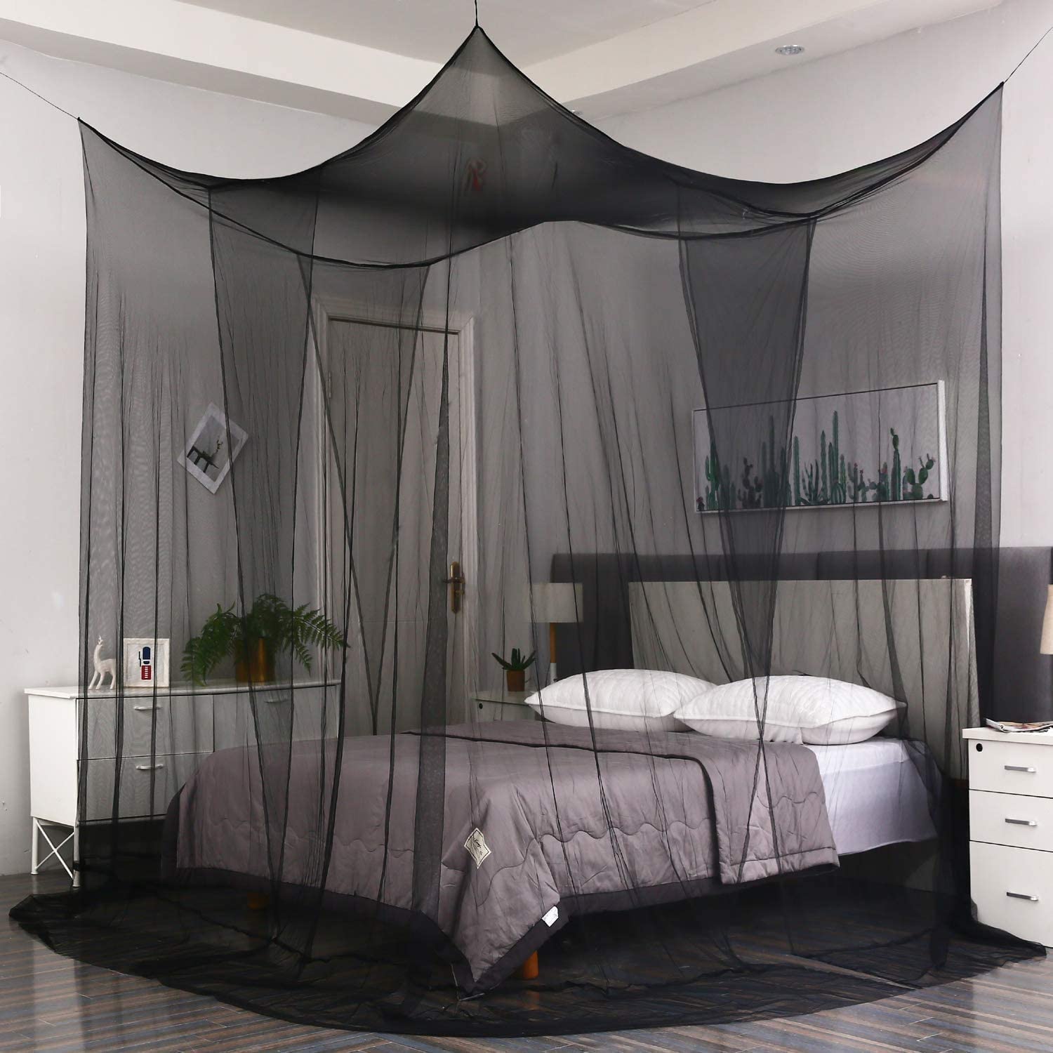 SZHTFX Mosquito Net for Double Bed 4 Corner Post Bed Canopy for Anti-Insect Hanging Net for Single to King Size Bed for Outdoor or Indoor, Bedroom, Travel, Camping (White) (Black)