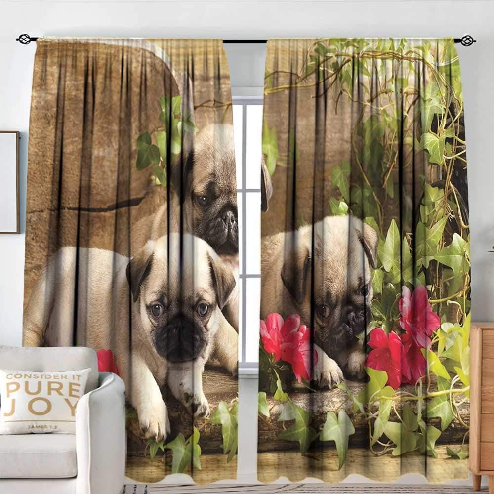 NUOMANAN Curtain Panels,Set of 2 Pug,Cute Sibling Puppies with Floral Arrangement in Front Wooden Backdrop,Eggshell Brown Fern Green,Modern Farmhouse Country Curtains 84"x100"