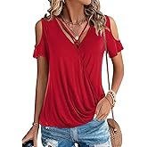 LEIYEE Womens Summer Cold Shoulder Tops Sexy Casual Short Sleeve Wrap V Neck T Shirts Cute Loose Fit Blouse
