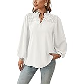 Pantete Womens Fall Tops Smocked Swiss Dot Long Puff Sleeve Blouses V Neck Flowy Shirts for Work Trendy Feminine