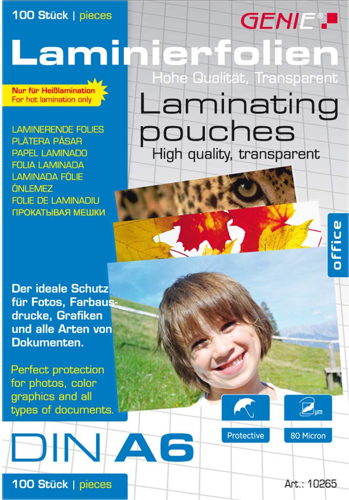 Genie 10265 (Glass Clear Laminating Pouches 80 Micron for Sizes up to DIN A6, Suitable for All Heat Nier Devices) Pack of 100