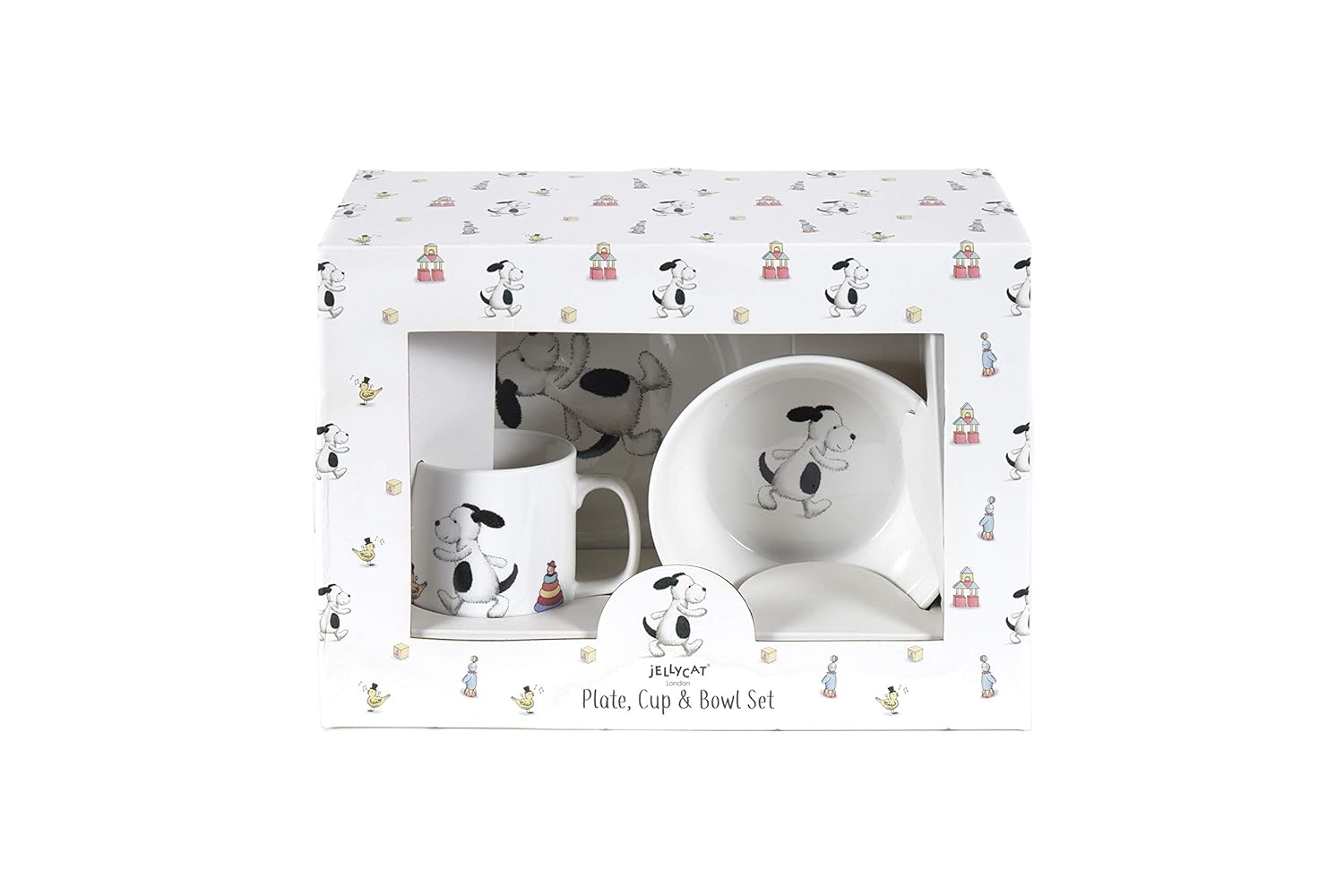 Jellycat Bashful Black & Cream Puppy Bowl, Cup, and Plate 3 Piece Gift