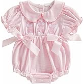 Adobabirl My First Easter Baby Girl Outfit Bunny Embroidery Bubble Romper Short Sleeve Bow Jumpsuit Smocked Clothes