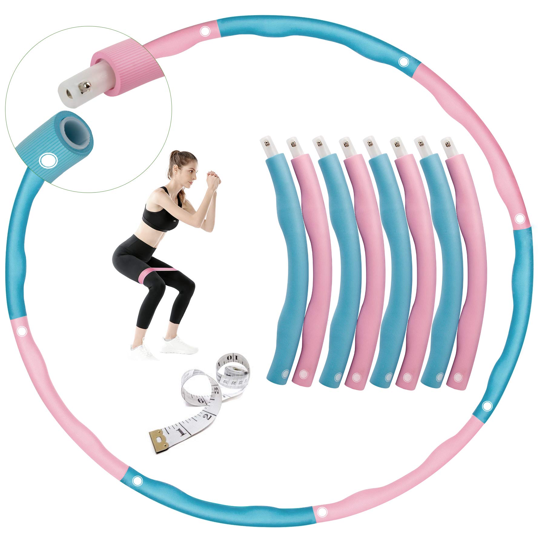MOVEON Fitness Exercise Weighted hoops Hula Hoop, Hoola Hoops with Ruler & Resistance Bands, 8 Sections Detachable Fitness Hoop for Adults Kids Lose Weight, Exercise Hula Ring Adujustable Width