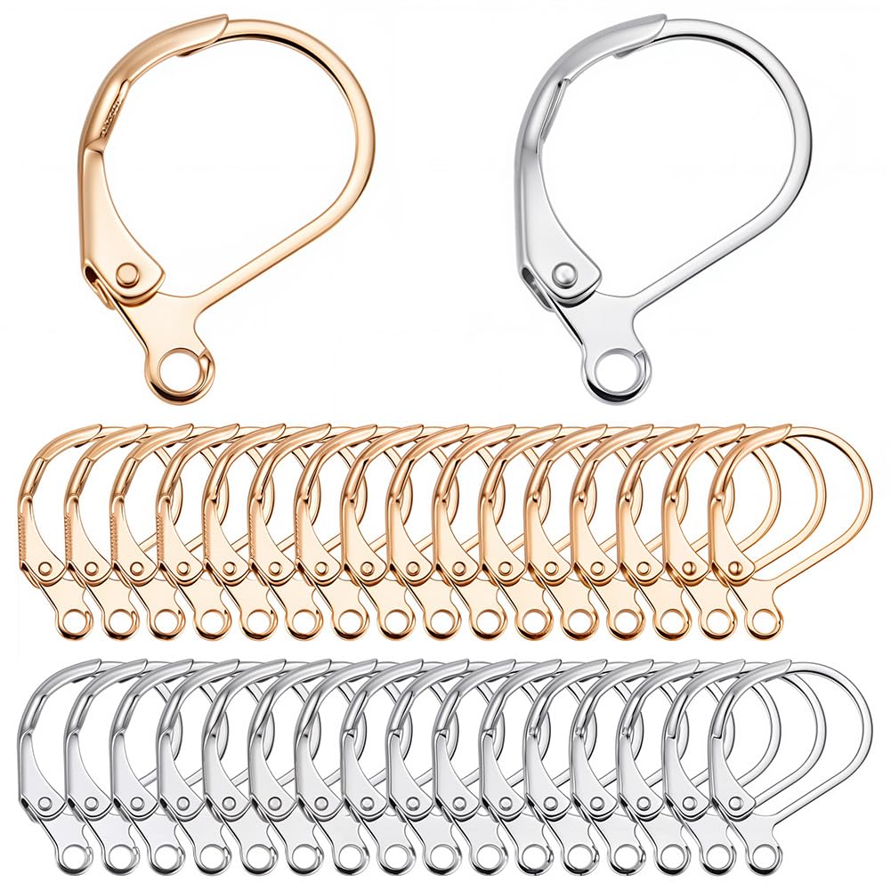 SUNNYCLUE 1 Box 60Pcs Real 24k Gold Plated & 925 Sterling Silver Plated Leverback Earring Findings Lever Back Hooks Frech Leverback Earwire Leverbacks Earring Hook for jewellery Making Accessories DIY