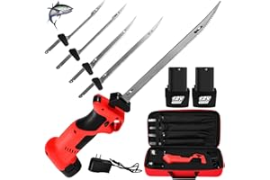 REEPLAR Cordless Electric fillet knife for fish/fishing, powered knives with 4 Ti-Nitride S.S. Coated Non-Stick Reciprocating Blades & 2 Rechargeable Li-ion Batteries, Carry Case