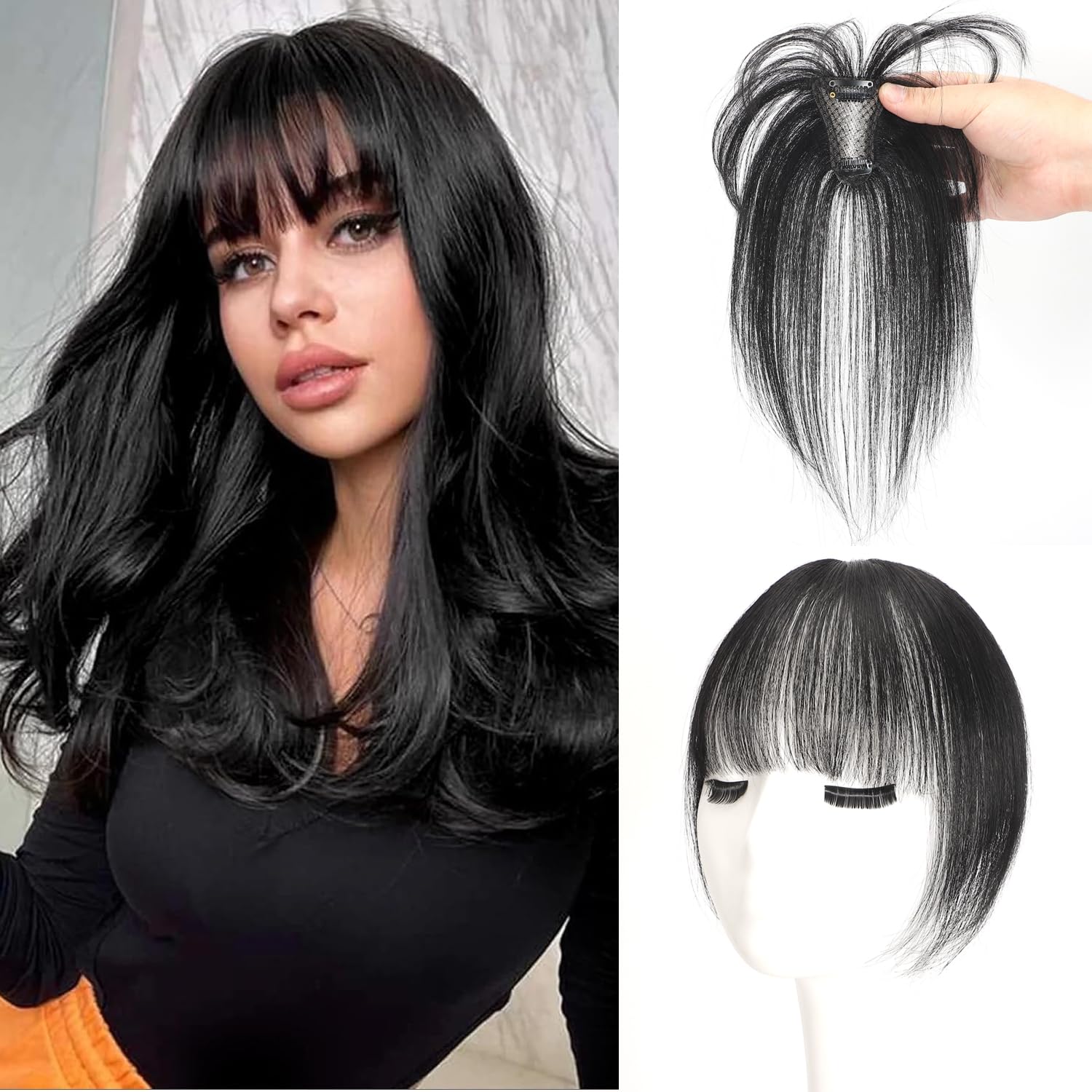 Clip In Fringe 100% Real Human Hair Bangs Hair Clip Thin Bangs On Hairpiece On Air Bangs With Temple Wispy Bangs Hair Extensions for women (Natural Black, 3D Wispy Fringe) — image 1