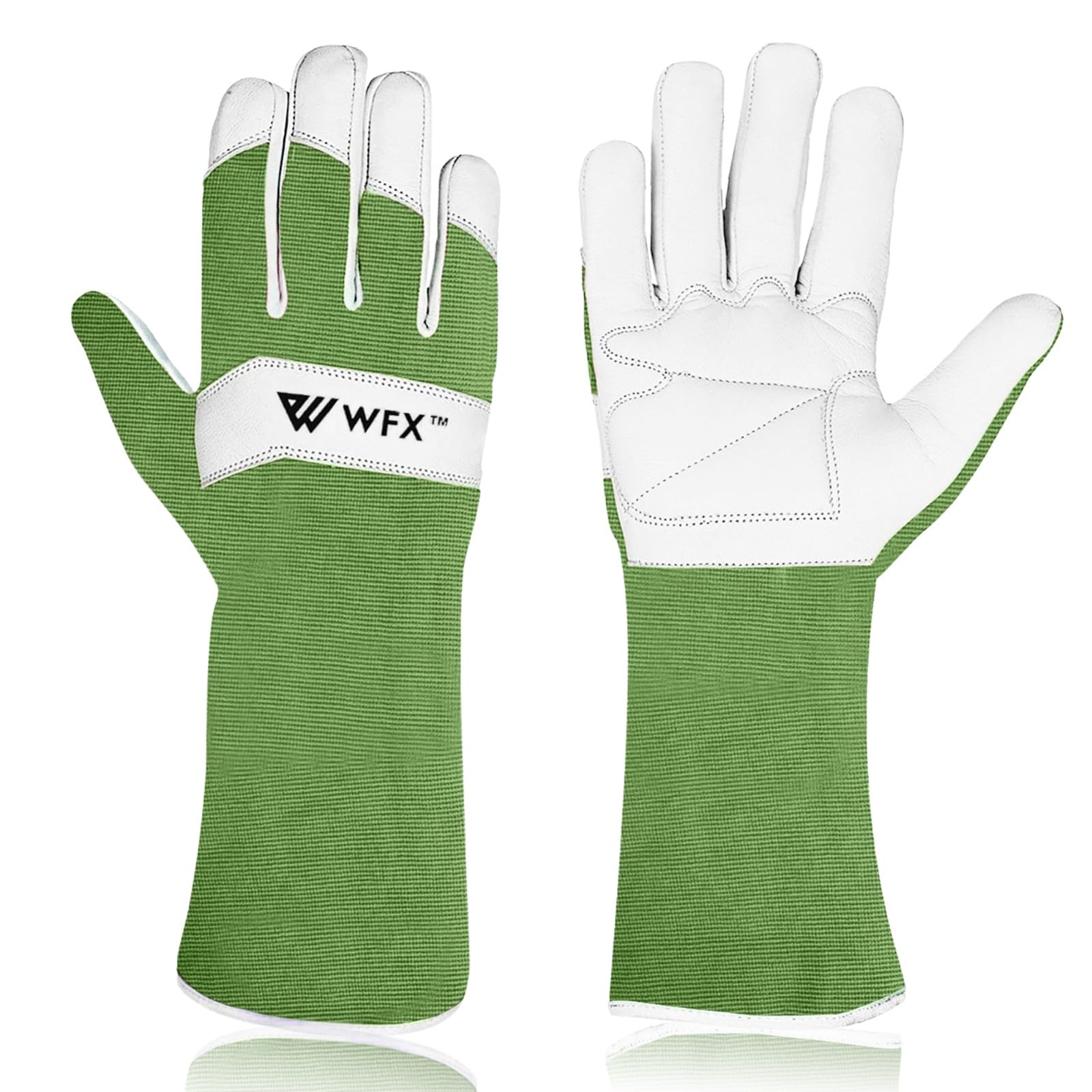 WFX Long Gardening Gloves Leather Ladies Men Women Durable Goatskin Garden Gloves Forearm Protection Thorn Proof Gardener Work Spandex Sleeves Rose Pruning Gift (Medium, Green)