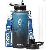 Coolflask Insulated Water Bottle with Strap, 32 oz Metal Water Flask with Straw & Spout Lids, Stainless Steel Double Wall Vacuum, Keep Cold 48h Hot 24h, Leak Proof & Non-BPA, Prussian Blue