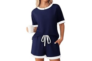 2 Piece Short Sets for Women Summer Knit Sets Short Sleeve Crew Neck Top Matching Drawstring Shorts with Pocket