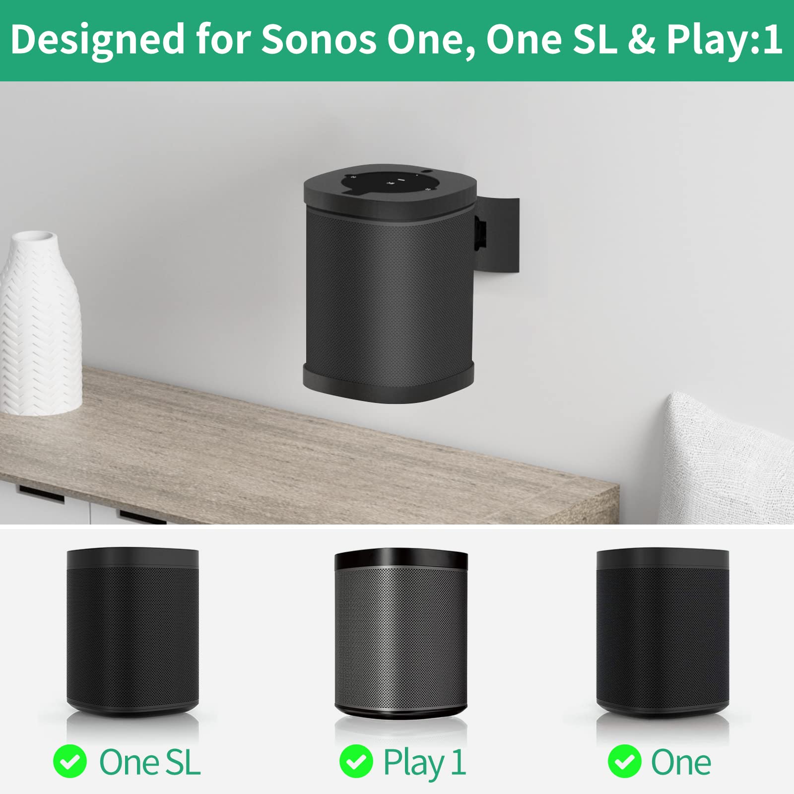 notiela Speaker Wall Mount and Ceiling Mount for Sonos One, One SL, Play 1 Speaker Mount - Swivel & Tilt Adjustable Mounting Brackets for Sonos One, One SL, Play:1 Speaker Mounts, Black