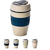 HOORMED 12oz Portable Vacuum Insulated Coffee Mug with Ceramic Inner, for Coffee, Flower Tea, Milk & Juice, Dual - Drinking, Leak - Proof (Blue)