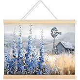 Farmhouse Wall Art Decor, Vintage Country Barn Pictures Print Poster, Country Scenery Canvas Wall Decor, Blue Floral Painting Framed Artwork for Bedroom Home 12x16inch