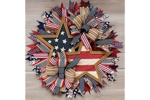 MYELJO Summer Patriotic Wreath for Front Door, 2024 Burlap Red White and Blue Flag Wreaths, USA Memorial Day Party Supplies Festival Celebration Decor