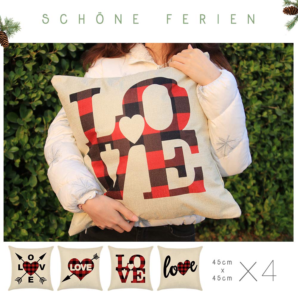 YEVIOR 4er Set Kissenbezug Weihnachten Valentinstag Liebhaberserie, Buffalo Plaid Dekorative 45 x 45 cm, Dekokissen Zierkissenbezüge für Wohnzimmer Schlafzimmer Dekor, Rot Schwarz Kariert,Leinen