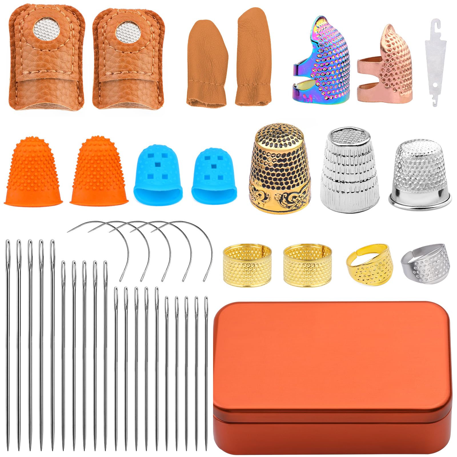 Mnuizu Sewing Thimble Set with Storage Box - Includes Sewing Big Eye Needle, Finger Protector & Adjustable Finger Guard - Quality Metal Copper Thimble - Ideal Sewing Tools for DIY Projects