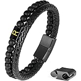 FOCOOG Leather Bracelets for Mens Gifts - Premium Genuine Leather Natural Lava Rock Matte Agate Adjustable Stainless Steel Magnetic Clasp Initial Bracelet, Unique Gifts for Men Husband Dad Son