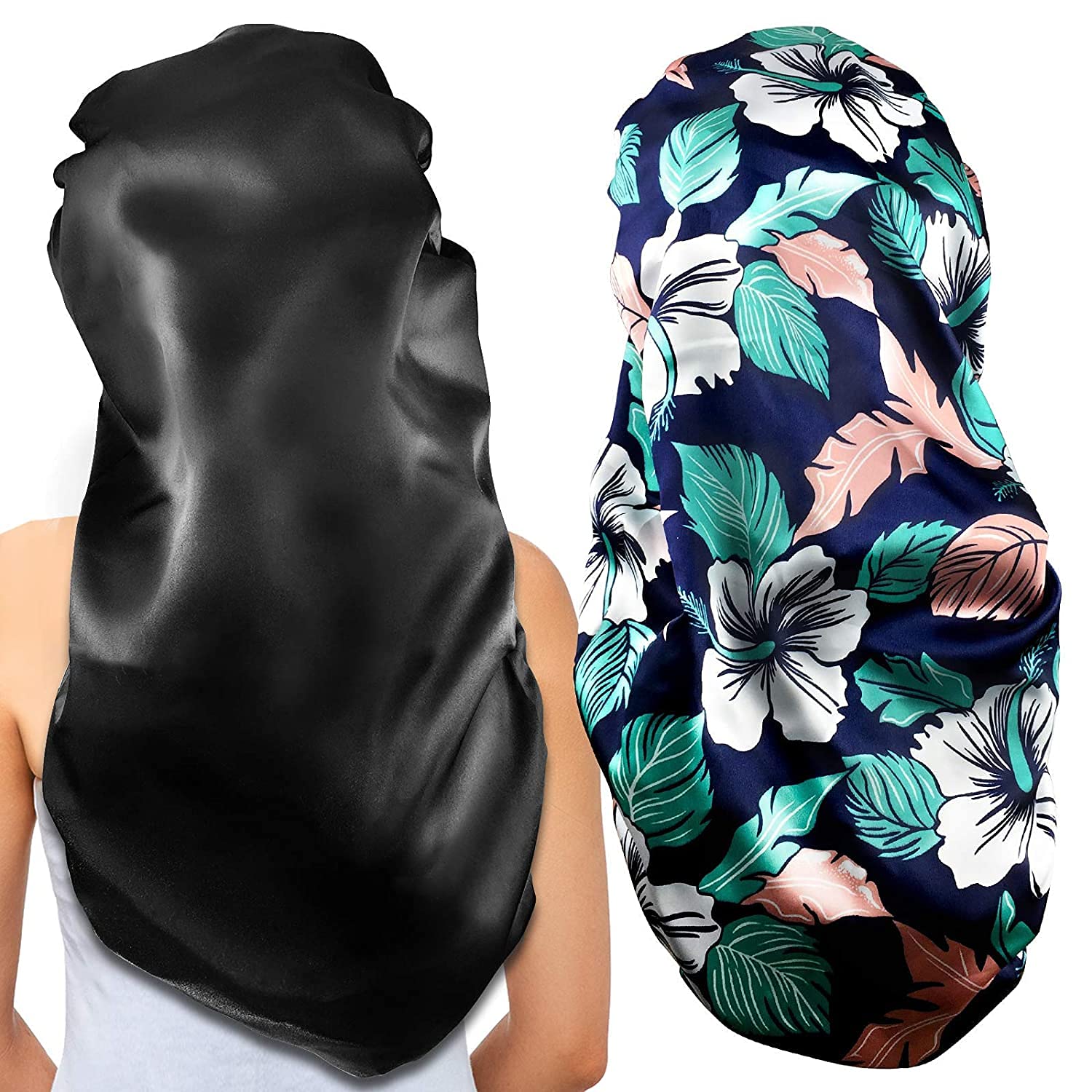 2Pcs Long Satin Hair Bonnets, Extra Large for Long Hair, Soft & Comfortable Elastic Band Bonnets for Women's Night Sleep, Satin (Black + Green Pattern)