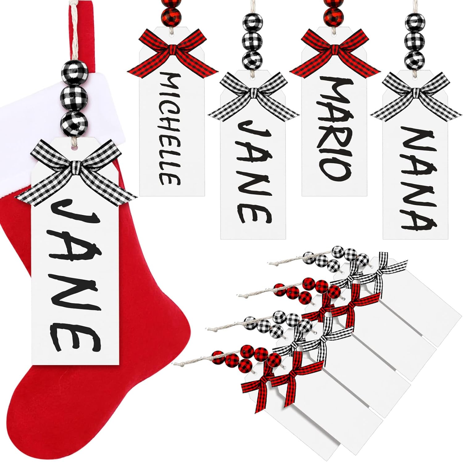 Stockings & Holders - 12 Pcs Christmas Stocking Name Tags Unfinished Wood Tags Personalized Blank Wooden Stocking Tags Farmhouse Xmas Stocking Hanging Tag for Christmas Stocking (White, Red and Black, Black and White)