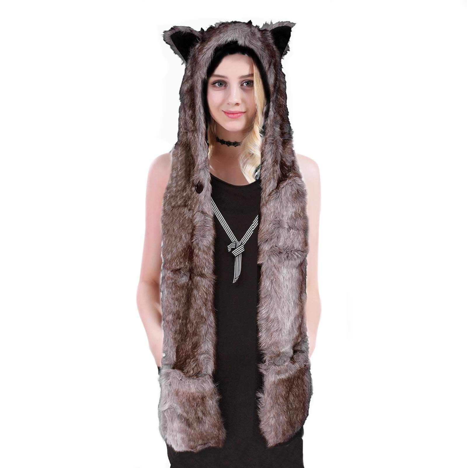 Animal Hat Faux Fur Hood Scarf Full 