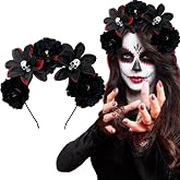 AUOCATTAIL Halloween Skull Flower Headband Mexican Rose Floral Crown Gothic Day of the Dead Headpiece for Women Cosplay Party