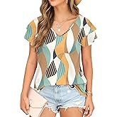 FREEOAK Womens Summer Tops Ruffle Sleeve with Lace Short Sleeve V Neck Shirts Casual Loose Fit T-shirts