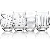 Joeyan Hand Blown Etched Stemless Wine Glasses with Dots Strips Pattern for Red Wine,Large Carved Drinking Glass Cups Tumblers for Wedding Anniversary Party Home,Set of 4,17.5 oz