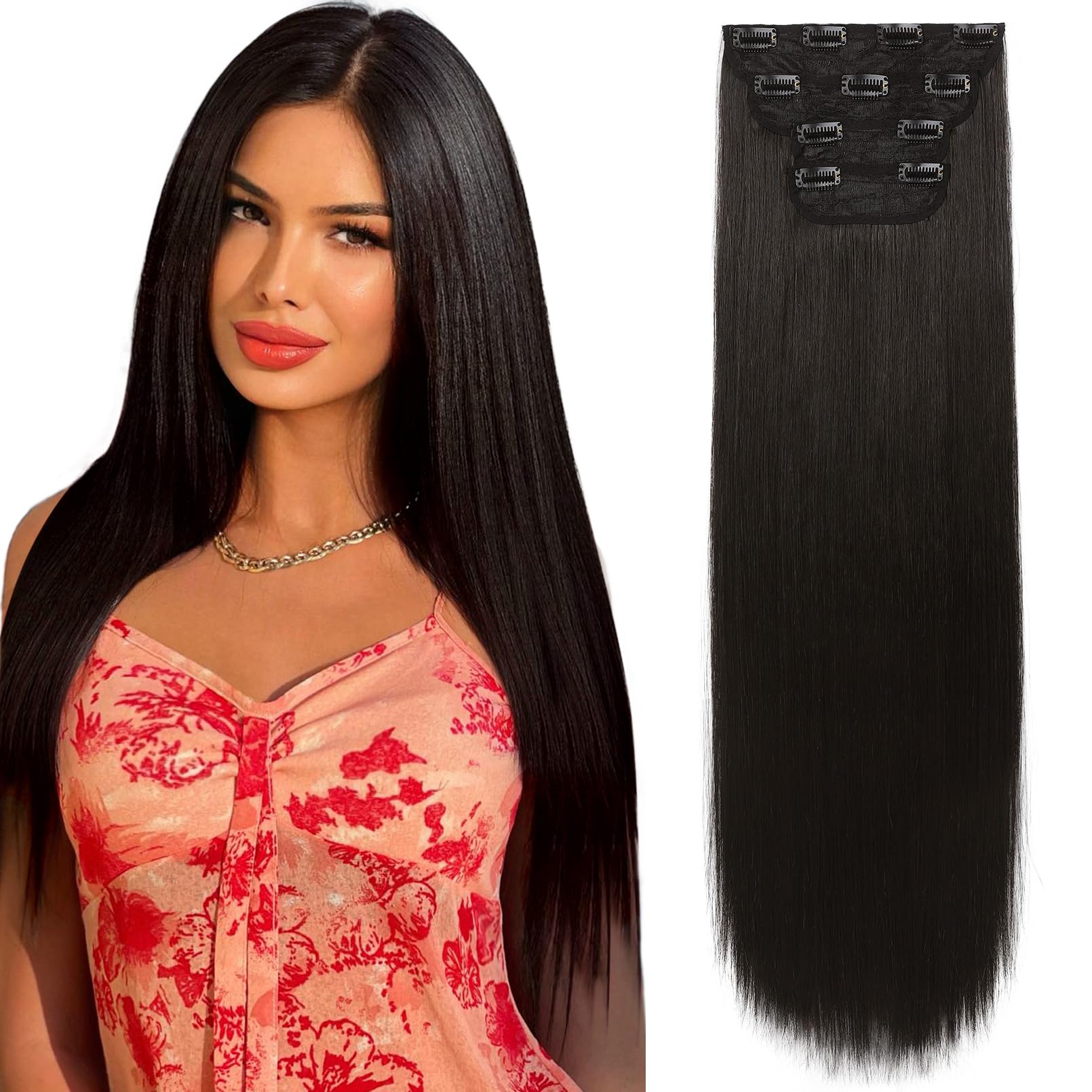 Photo 1 of REECHO 28" Straight Super Long 4 PCS Set Thick Clip in on Hair Extensions Black Brown
