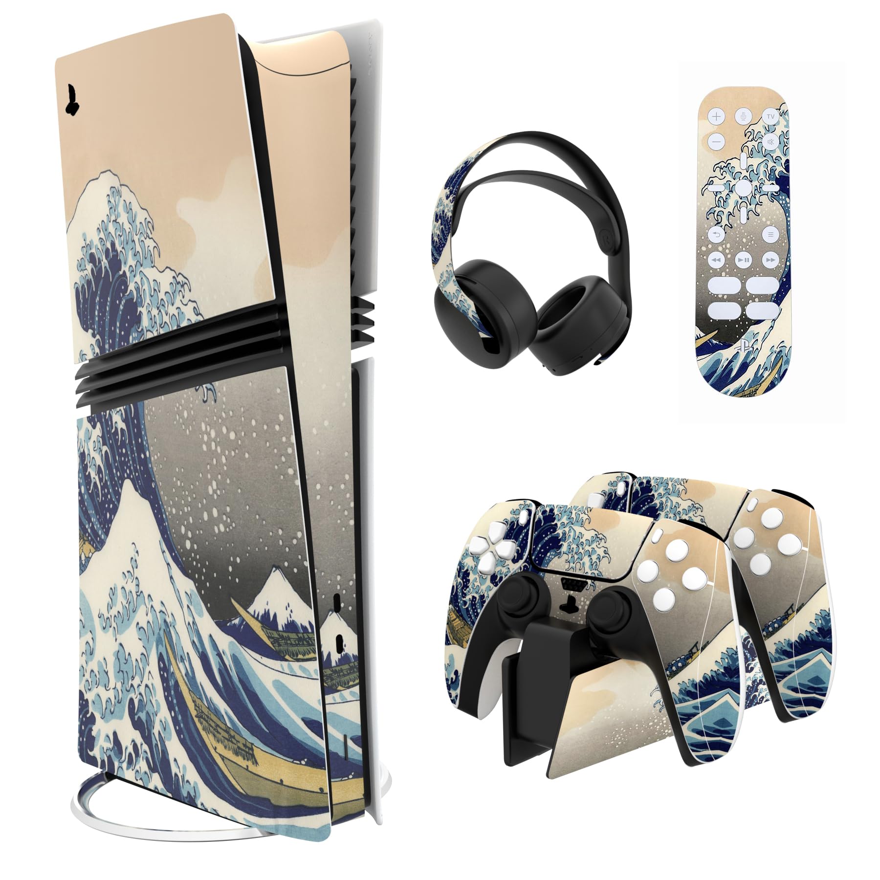 PlayVital for ps5 Pro Skin Full Set, Protective Vinyl Decal Sticker for ps5 Pro Console Disc & Digital, Controller, Headset, Charging Station & Media Remote - No Residue, Anti-Scratch - The Great Wave