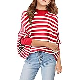 Haloumoning Girls Oversized Striped Sweater Kids Fashion Batwing Sleeve Ribbed Knit Pullover Tops 5-14 Years