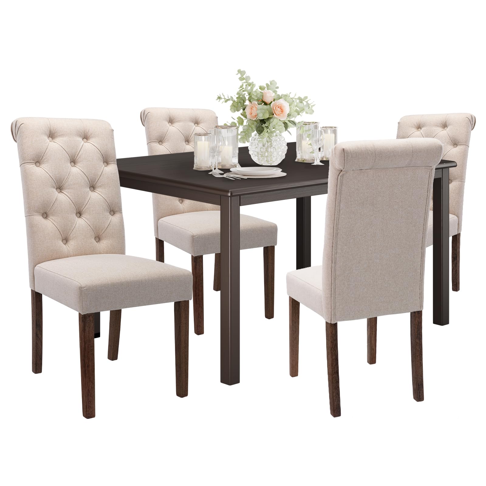 Photo 1 of COLAMY 5-Piece Dining Table Set for 4, 60" Rectangular Farmhouse Kitchen Wood Table with 4 Tufted Dining Room Chairs, Brown/Beige