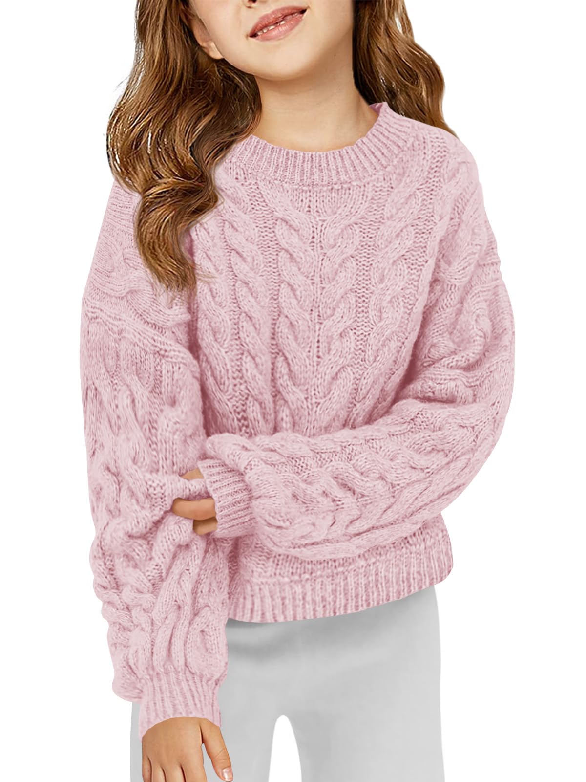 Photo 1 of Haloumoning Girls Pullover Sweaters Kids Cute Cable Knit Long Sleeve Crewneck Chunky Jumper Tops 5-14 Years Pink