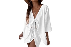 Sexy 2 Piece Outfits for Women Self Tie Knot Long Sleeve Shirt with Shorts Set Casual Matching Set Streetwear