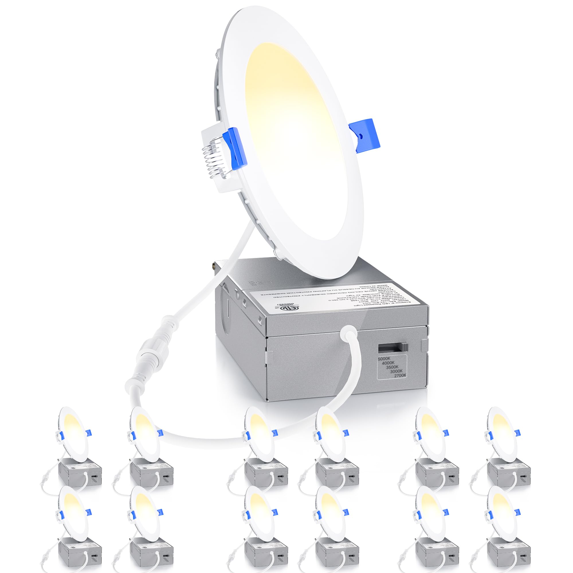 Ensenior 12 Pack 4 Inch LED Recessed Light, Dimmable, 2700K-5000K 5CCT, 750LM High Brightness, 9W 120V, 3 Pin, ERL-9X-ETL, Damp Rated, Ultra-Thin Canless Wafer Ceiling Light - ETL & FCC & IC Image