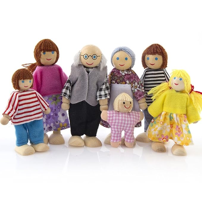 Momola 7 Personen Familie Holzpuppen,Puppenhaus Puppen Biegepuppen Holzpuppe Spielzeug Geschenk für Kinder