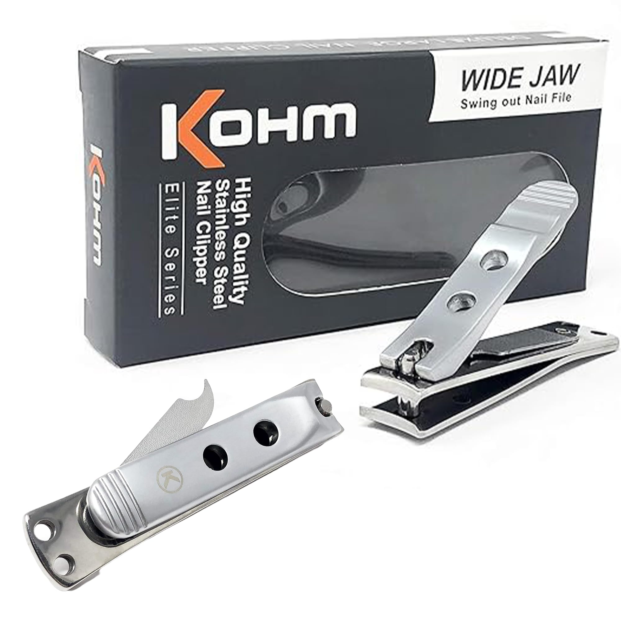 Kohm WHS-440L Heavy Duty, Curved Blade, Wide Jaw Toenail Clippers for Thick Nails, Large Nail Clippers for Men, Seniors, Women, Nail Clipper with File