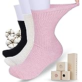 BALGLOW Diabetic Socks (9-11) for Women Cotton Thin Soft Fit (Seamless Toe) (Non-Slip Grip) – Lightweight Women's Size Socks for Swollen Feet and Diabetes Relief – 3 Pair Set in Black, Pink, Beige