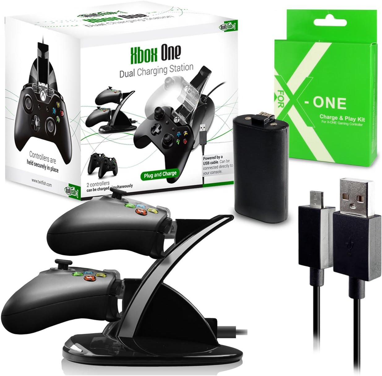 Twitfish - All You Need for Xbox One - 2 in 1 - Play and Charge Kit for Xbox One + Dual Charging Station (Charge up to 2 Controllers Simultaneously)