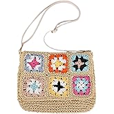 Muloo Ethnic Vintage Woven Flap Crossbody Bag Beach Vacation Crochet Colorful Flower Shoulder Bag Purse with Adjustable Strap, Beige
