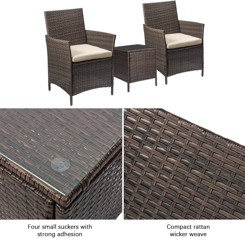 Devoko Patio Porch Furniture Sets 3 Pieces PE Rattan Wicker Chairs with Table Outdoor Garden Furniture Sets (Brown/Beige): Garden & Outdoor