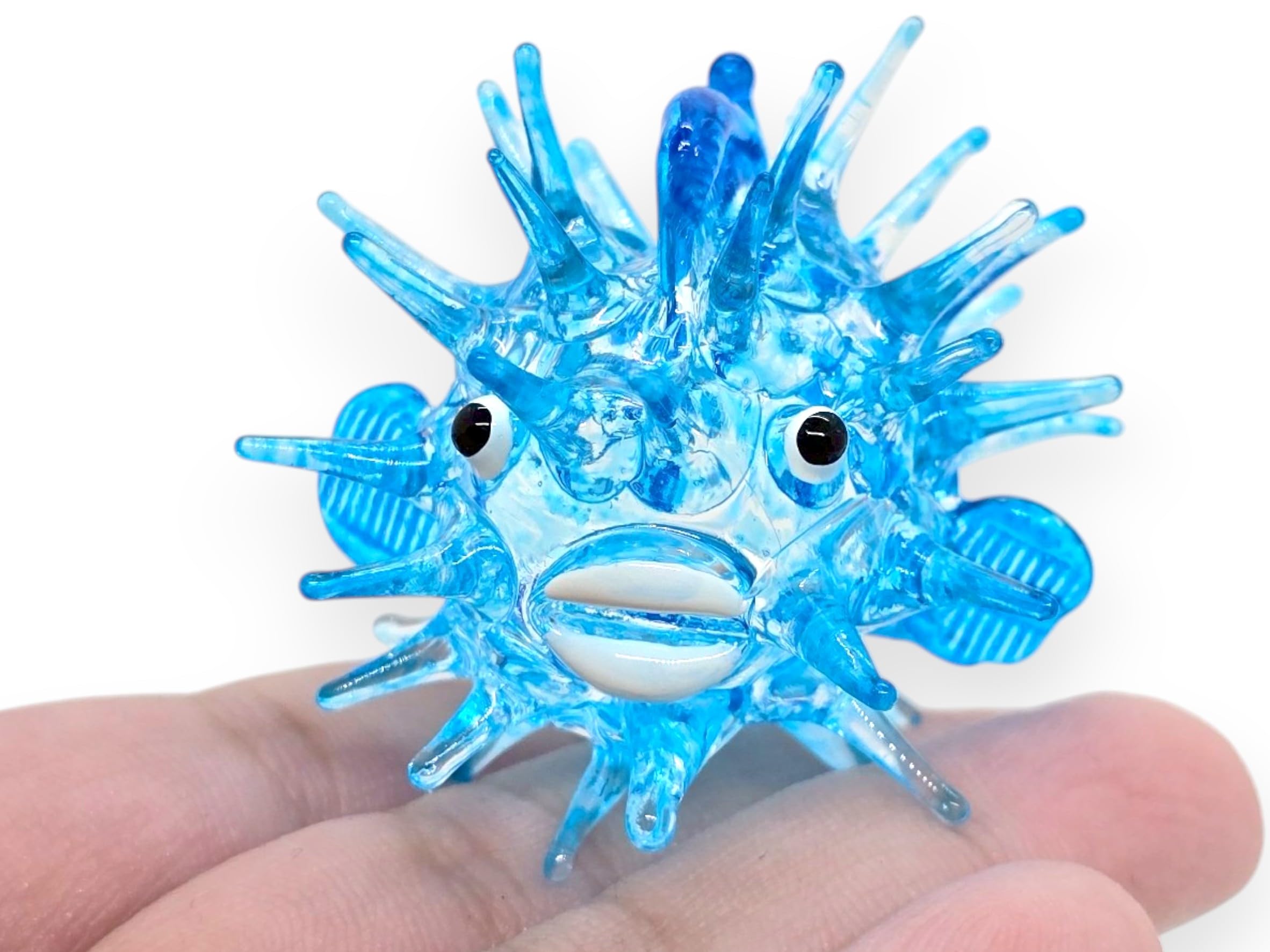 WitnyStore Tiny 2" Light Blue Inflated Puffer Fish Figurine - Miniature Hand Blown Glass Pufferfish Balloonfish Swellfish Blowfish Marine Sea Animal Crystal Decorative Collectible Figure Décor Gifts