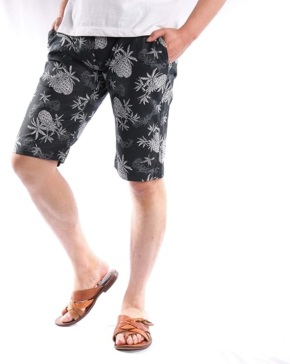 Amazon ナイラス Nylaus ショートパンツ メンズ パイナップル柄 プリント 膝上 短め プリペラ 綿 コットン スリム 細身 黒 ネイビー 春 夏 ハーフパンツ ショーツ サーフ カジュアル お洒落 ショートパンツ 通販