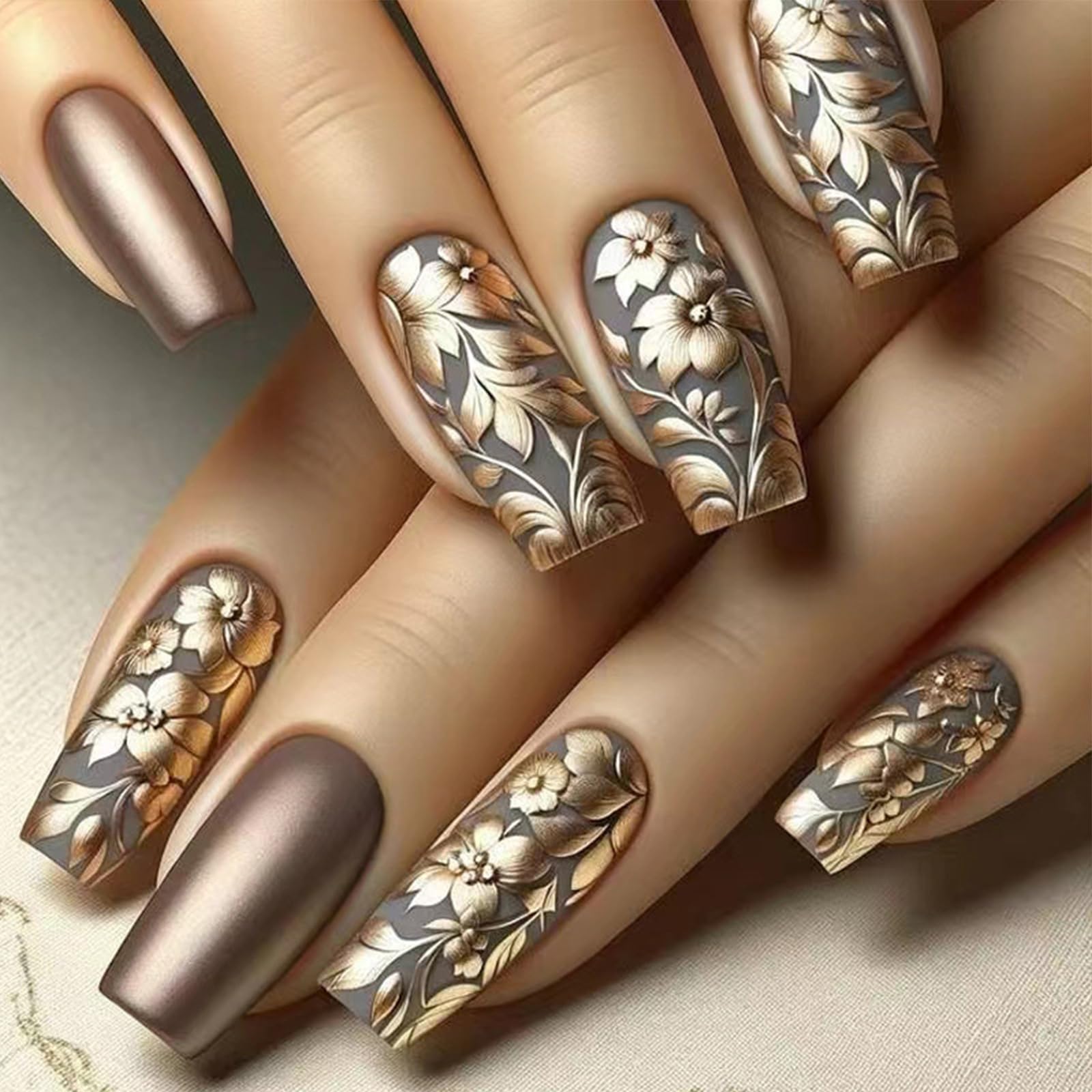 Brown Press on Nails Long Coffin Fake Nails with 3D Gold Embossed Flower Designs Floral Square False Nails Noble Flowers Glue on Nails Luxury Acrylic Artificial Stick on Nails for Women Girls 24Pcs