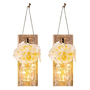 Chen Mason Jar Sconces with LED - Fairy Lights,Vintage Wrought Iron Hooks, Silk Hydrangea Flower and LED Strip Lights Design for Home Kitchen Decoration Set of 2