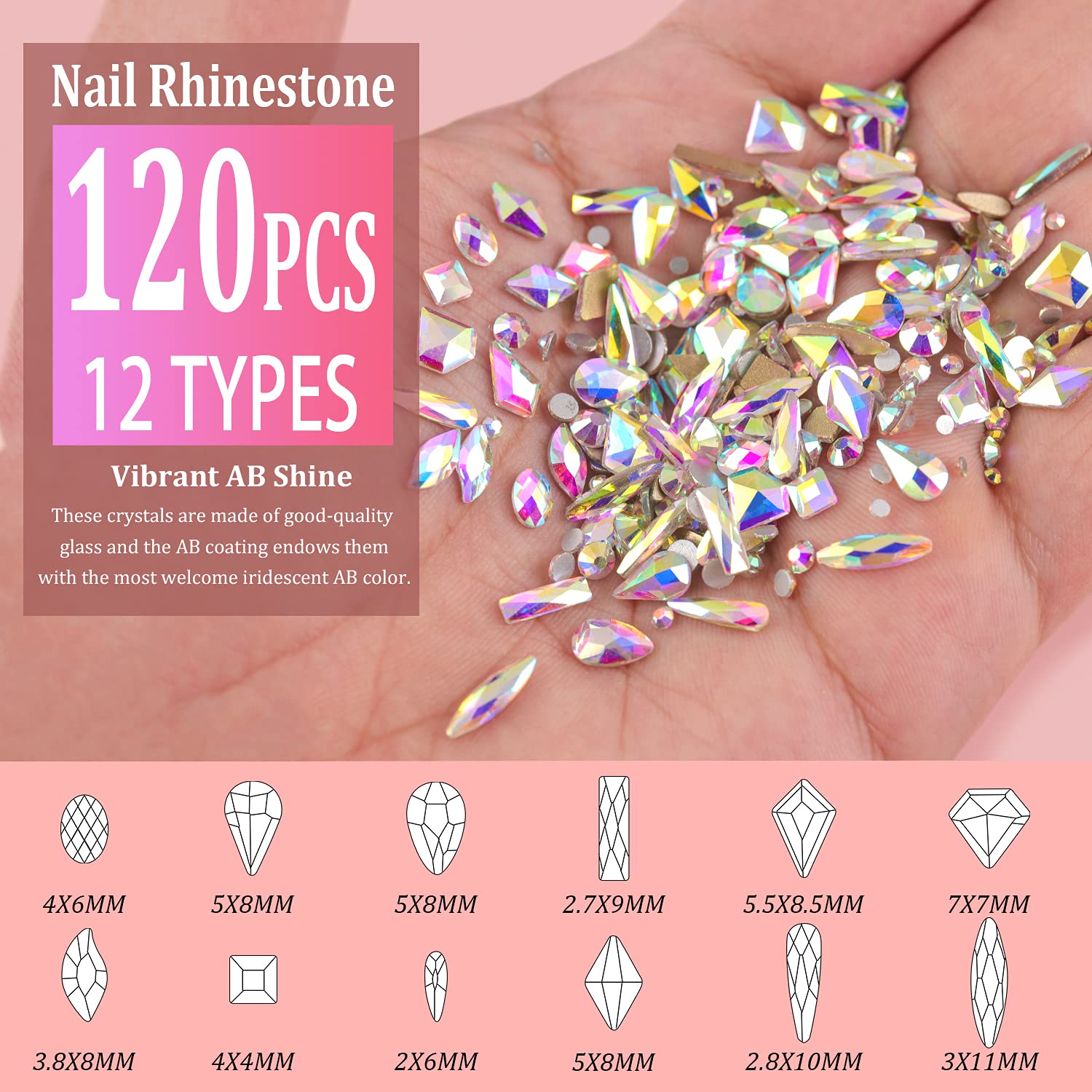Multi Shapes 3D Glass AB Crystal Nail Art Rhinestones Kit with Flatback Round Bead Charm Gem Stone Jewelry Diamond with Pickup Pen + Tweezer for Manicure Craft Decoration by BELLEBOOST (Iridescent) - Image 3