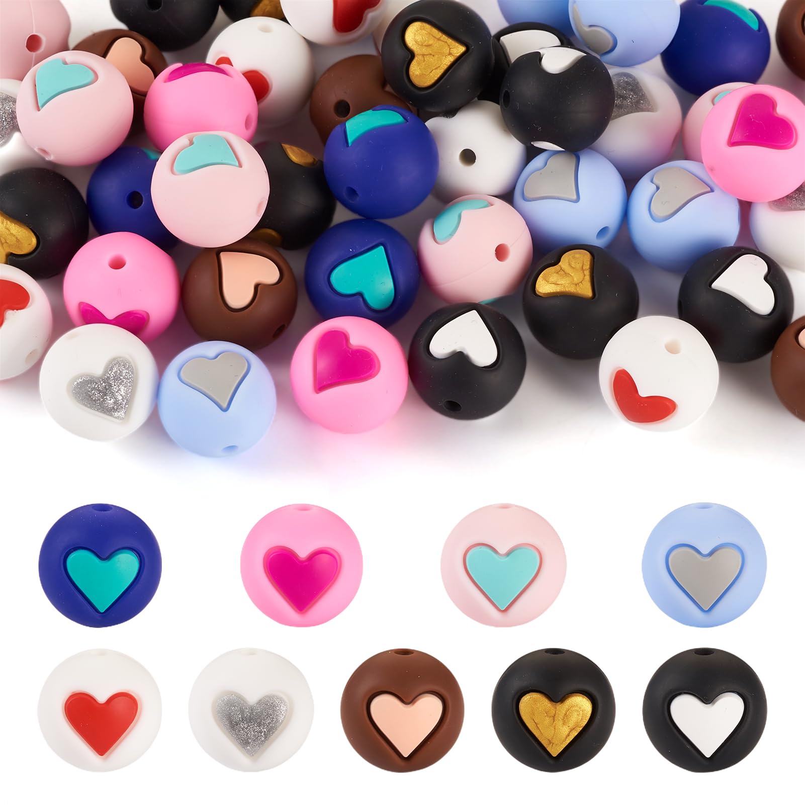 Crafans 45pcs 9 Colors Round with Heart Silicone Beads 15MM Heart Patterns Lovely Beads Loose Spacer Rubber Beads for DIY Bracelet Krychains Jewelry Making — image 1