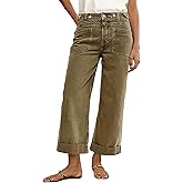 Flamingals Roll Hem Women Mid Waist Comfort Stretch Wide Leg Crop Pants Casual Button Detail Pocket