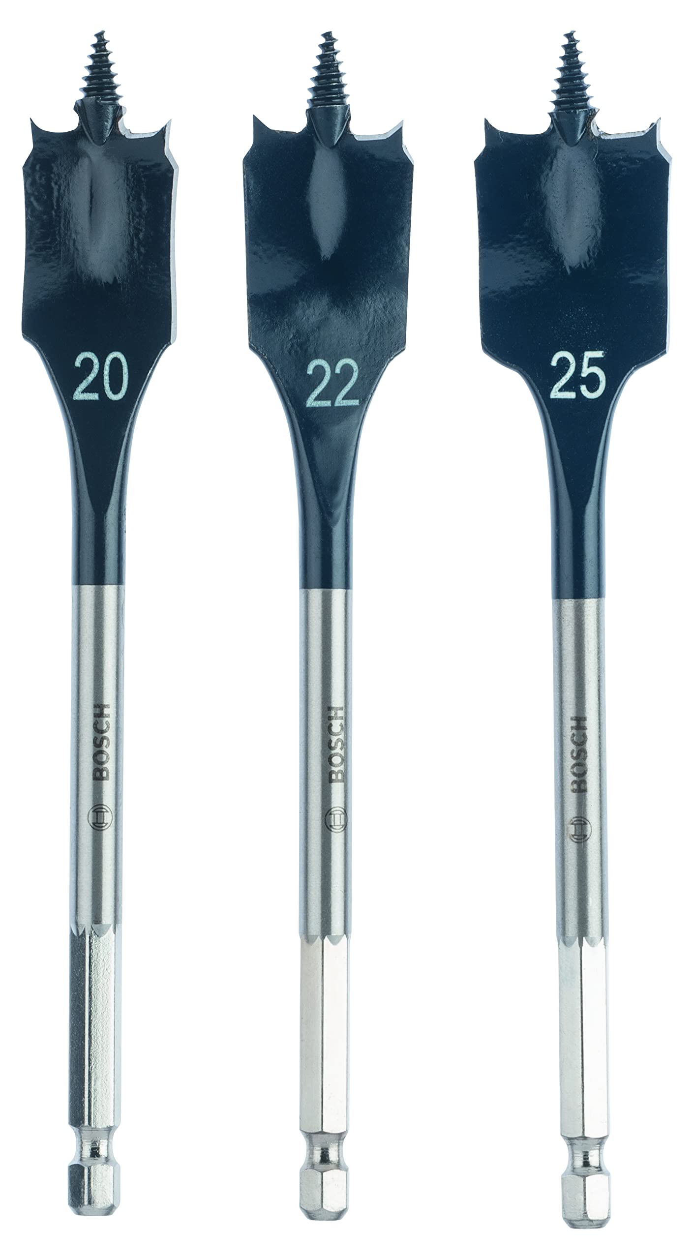 Bosch Professional 3 pcs. SelfCut Speed Spade Bit Set (for Wood, 1/4 inch Hex Shank, Ø 20/22/25 mm, Accessories for Impact Drills)