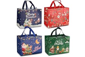 PARSUP 4PCS Christmas Gift Bags, Christmas Tote Bags with Handles, Christmas Treat Bags, Multifunctional Non-Woven Christmas Bags for Gifts Wrapping Shopping, Xmas Party Supplies, 12.8×9.8×6.7"